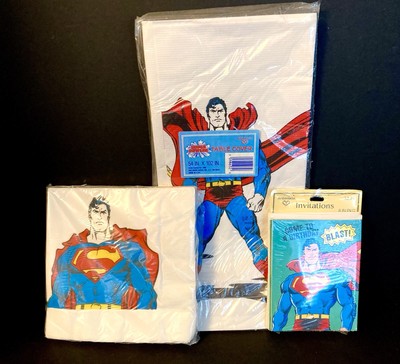 Superman Birthday Party Invites, Paper Napkins & Table Cover. 1987