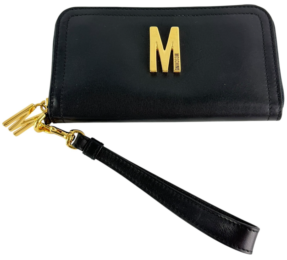 MOSCHINO Black Leather Wristlet Zippy Wallet M Plaque Made in