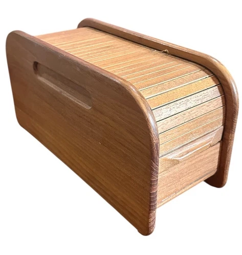 Vintage MCM Teak Wood Tambour Roll Top Floppy Disk Holder