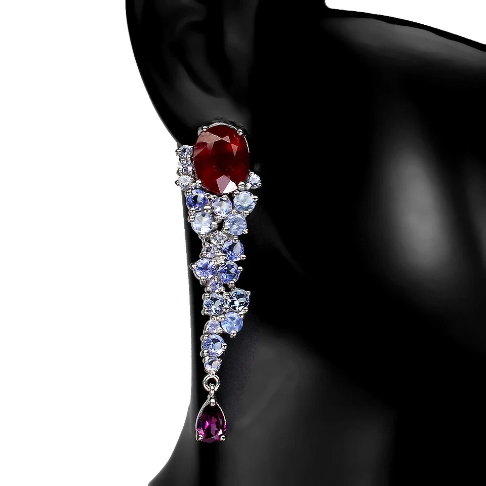 925 Orecchini Argento Sterling Ovale Rubino 10x8mm Rodolite Tanzanite Gemma - Immagine 2 di 4
