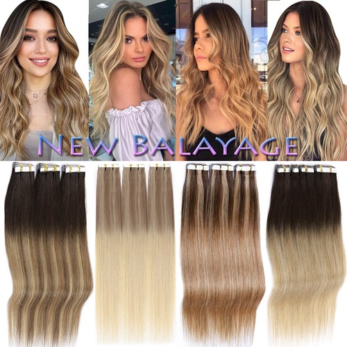 CLEARANCE 12-24" 40PCS Thick Tape In Remy Human Hair Extensions Full Head Ombre - Picture 4 of 75