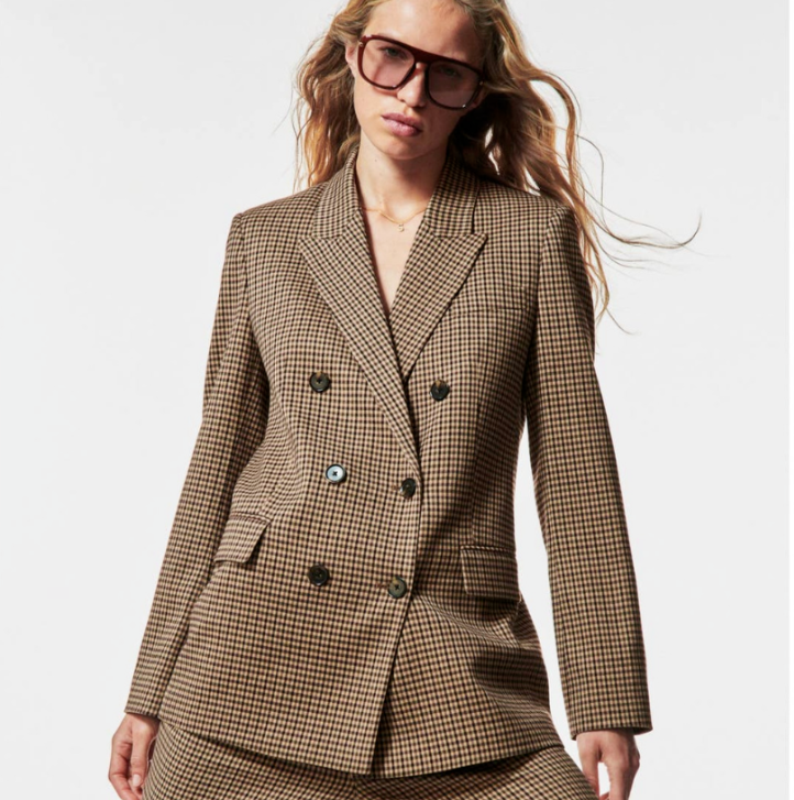 Zara Textured Brown Check Double Breasted Blazer Jacket Size S | eBay