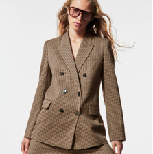 Zara Textured Brown Check Double Breasted Blazer Jacket Size S