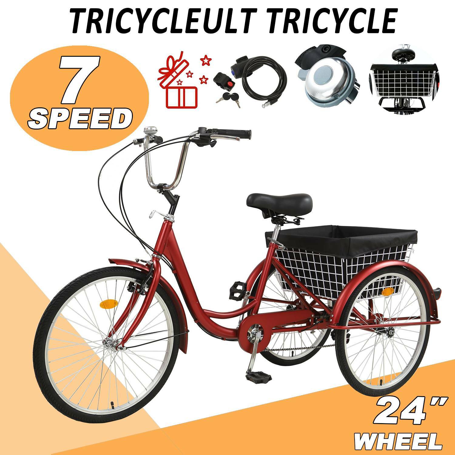 24 Inch Trike 7 Speed Adult Tricycle 3-Wheel Bike w/Basket f