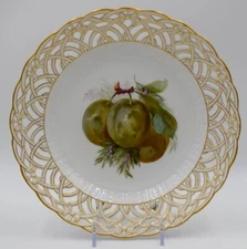 KPM Hand Painted Pierced Fruit Cabinet Plate Green Plums, Circa 1890