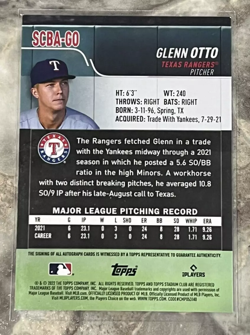2022 Topps Stadium Club #SCBA-GO Glenn Otto Rookie Auto Rangers RC