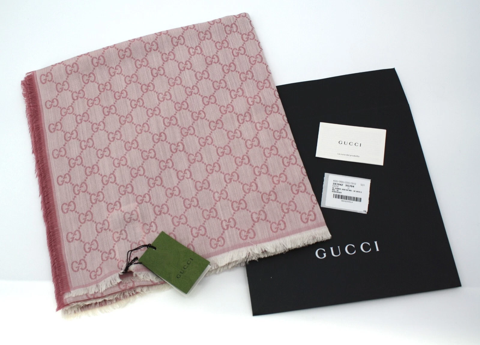 CHÂLE GG WEB 55 x 55 ROSE IVOIRE neuf avec étiquette GUCCI GUCCISSIMA laine légère soie