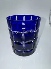 AJKA / FABERGE RIBBON COBALT BLUE LEAD CRYSTAL WHISKEY GLASS