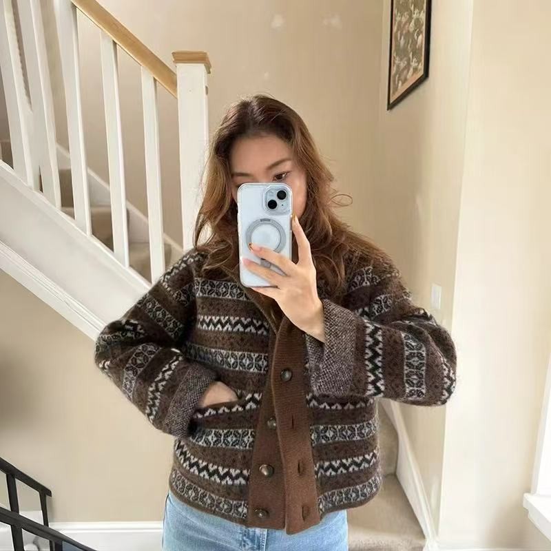 Sezane autumn/winter wool blend geometric jacquard short jacket