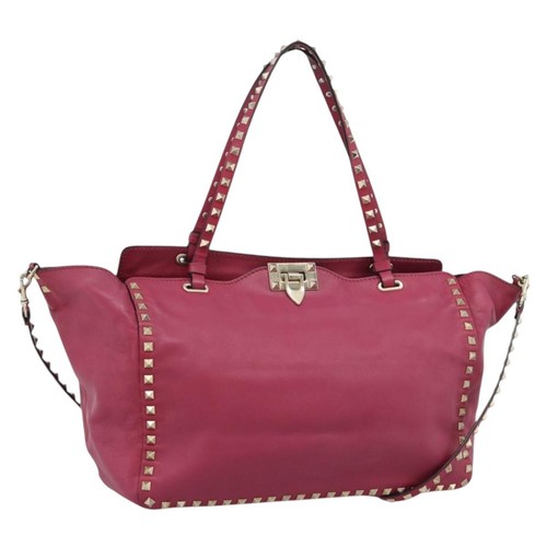 VALENTINO Studs Tote Bag Leather 2way Pink Gold Auth BA13360