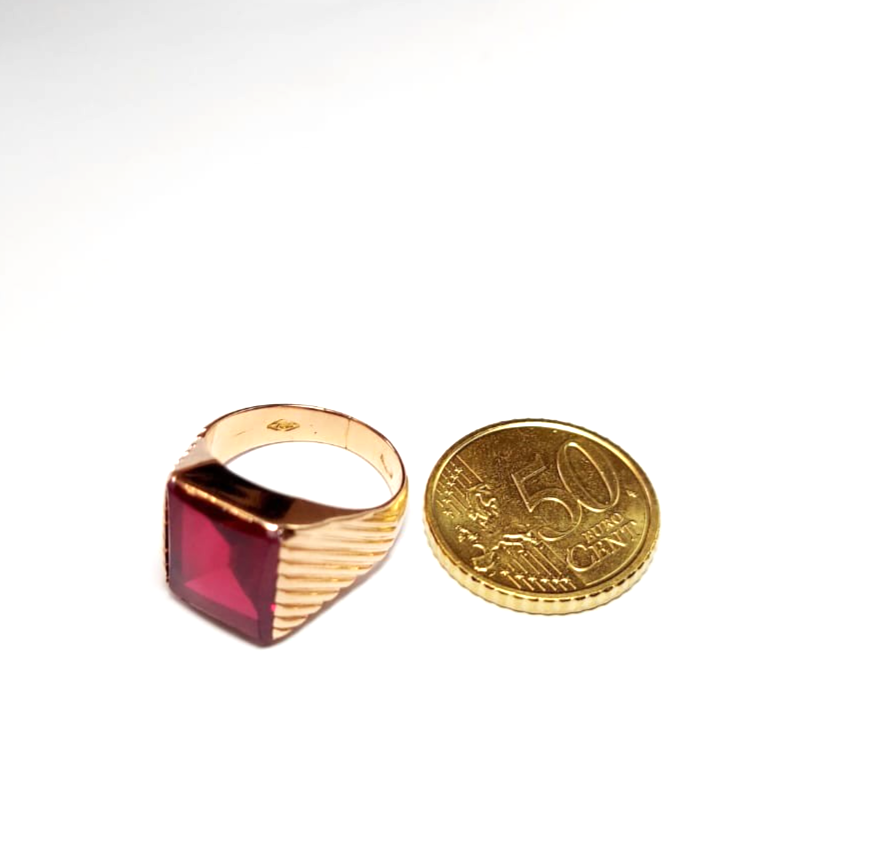 Bague Homme Or Massif 18K Vintage 60's - Rubis Synthétique - Made In Italy