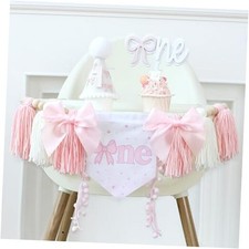 Pink Bow 1st Birthday Highchair Banner Decorations Wood Bead Light Pink White