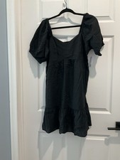 Nine West Black Smocked Puff Sleeve A-Line Dress Square Neck Size L