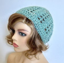 CLASSIC BEANIE HAT CAP BOHO AQUA TAN  OPEN WEAVE ACRYLIC HANDMADE CROCHET