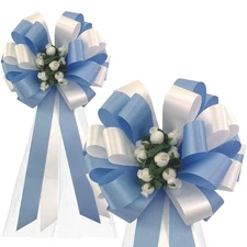 Baby Blue & White Wedding Pull Bows with Tulle Tails & Rosebuds - 8 Wide 6 Set