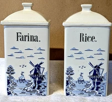 Vintage Delft Blue Dutch German Farina & Rice Ceramic Canisters ~ 8"h x 4"w