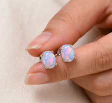 Natural Fire Opal Gemstone Earrings Genuine Dainty Oval Stud 925 Sterling Silver