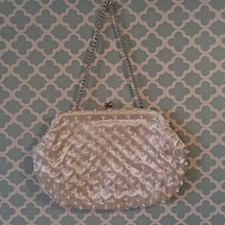 Vintage 60s Hand Made Hong Kong Cream Beaded Sequin Floral Clutch Evening Bag
