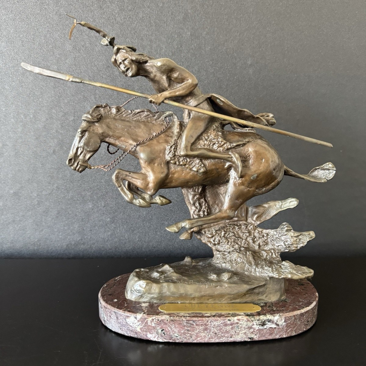 Frederic Remington Cheyenne Bronze Sculpture Marble Base