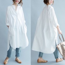 Ladies Cotton Long Shirt Dress White Blouse Casual Baggy White Oversized Fashion