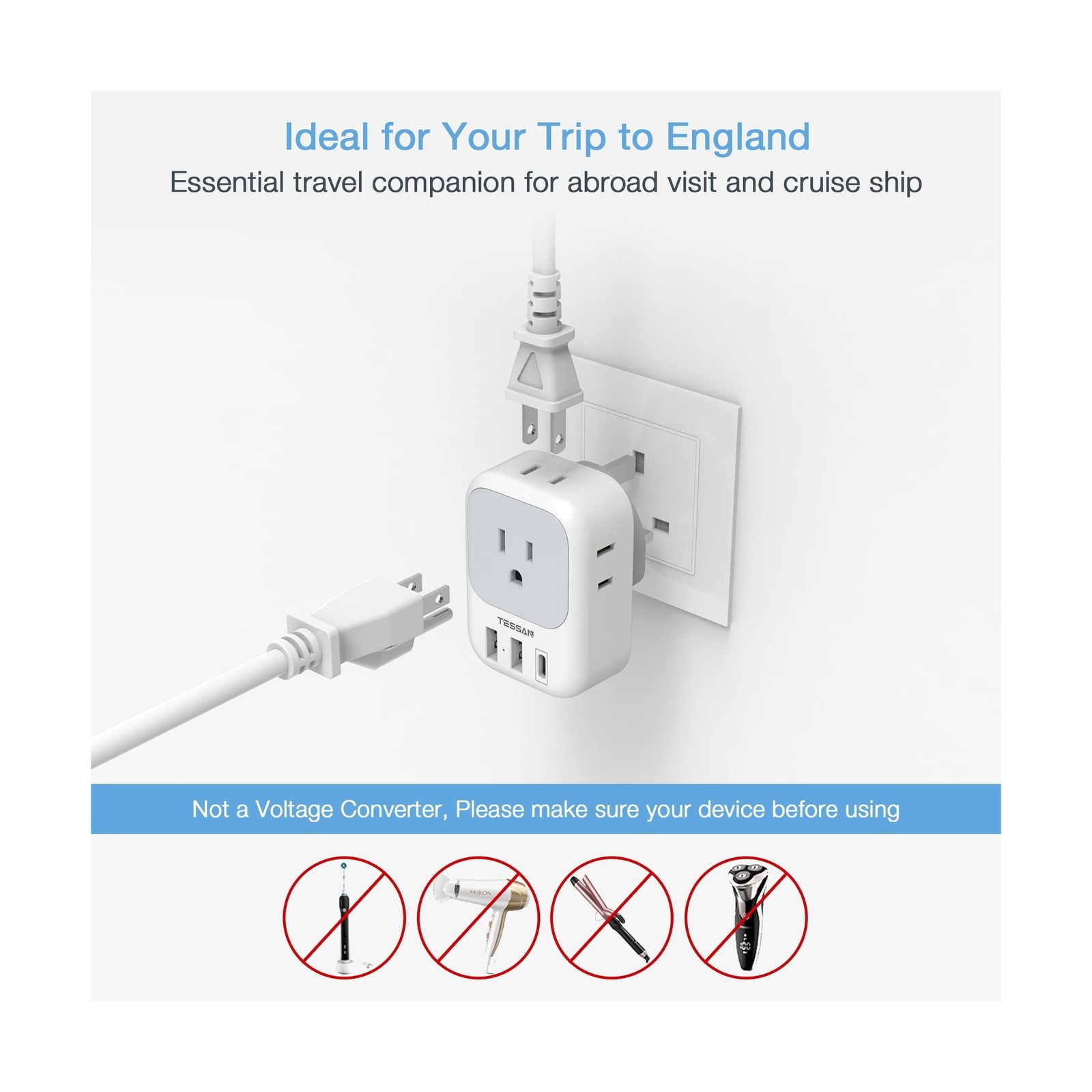 US to UK Plug Adapter, TESSAN Type G Travel Converter with 3 USB Charger(1 US...