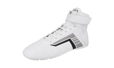 PRADA Leder Rev Car Racing High-Top Sneaker - 2TG172 - Weiss - NEU -  9,5 43,5