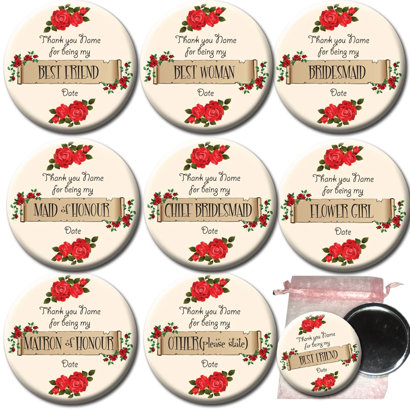 BONGO BADGES Handbag/Pocket Mirror/Badge for Bridemaids, Hens, Thank you Favour Gift*5 FOR 4*