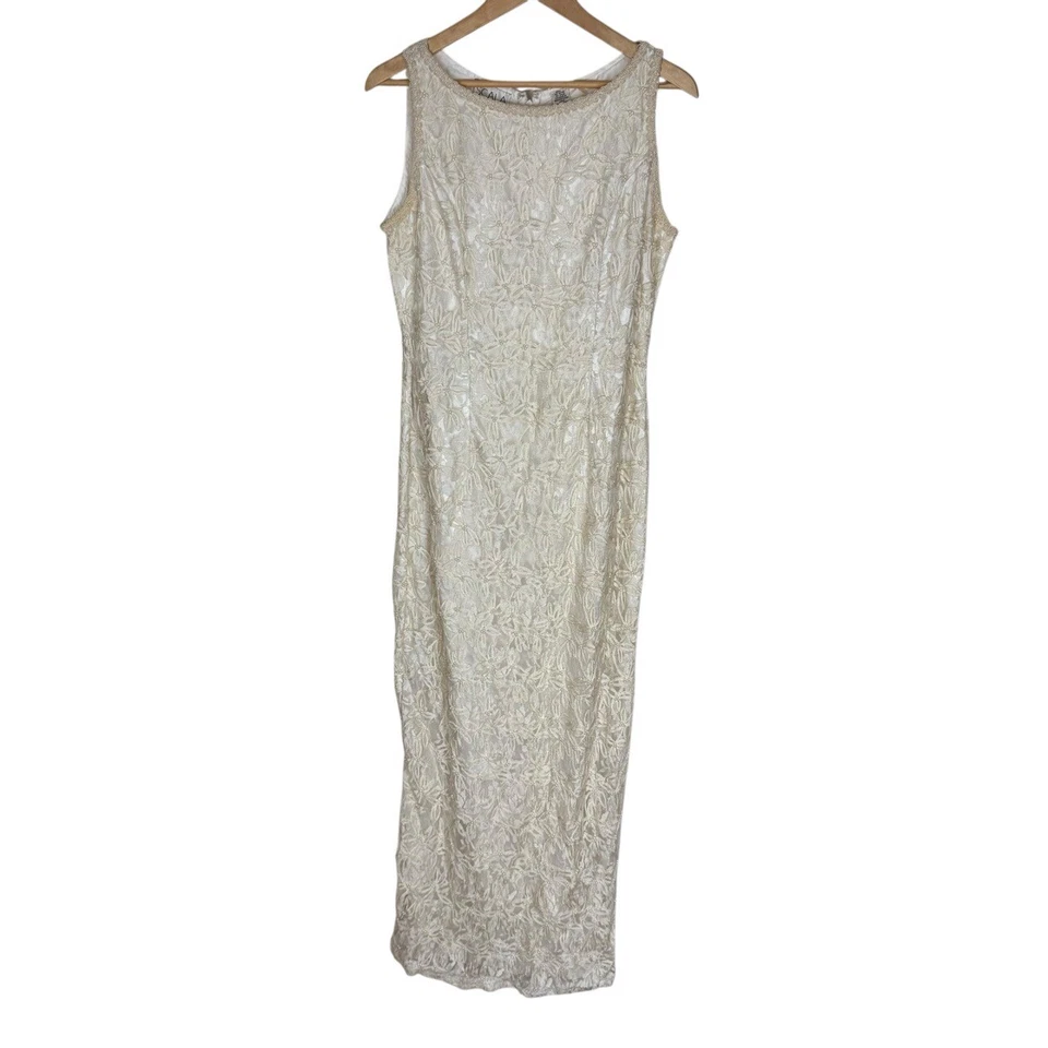 Scala Beige Floral Lace Beaded Pearl Maxi Dress Sleeveless Sheath L/XL Vintage - Image 4 of 4