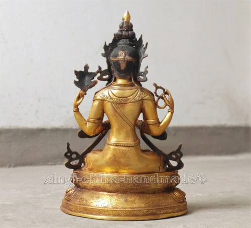 Antique Kwan-yin Buddha Statue blessed 4 arms guanyin Old Bronze gilt 12.4“/31cm - Picture 7 of 10