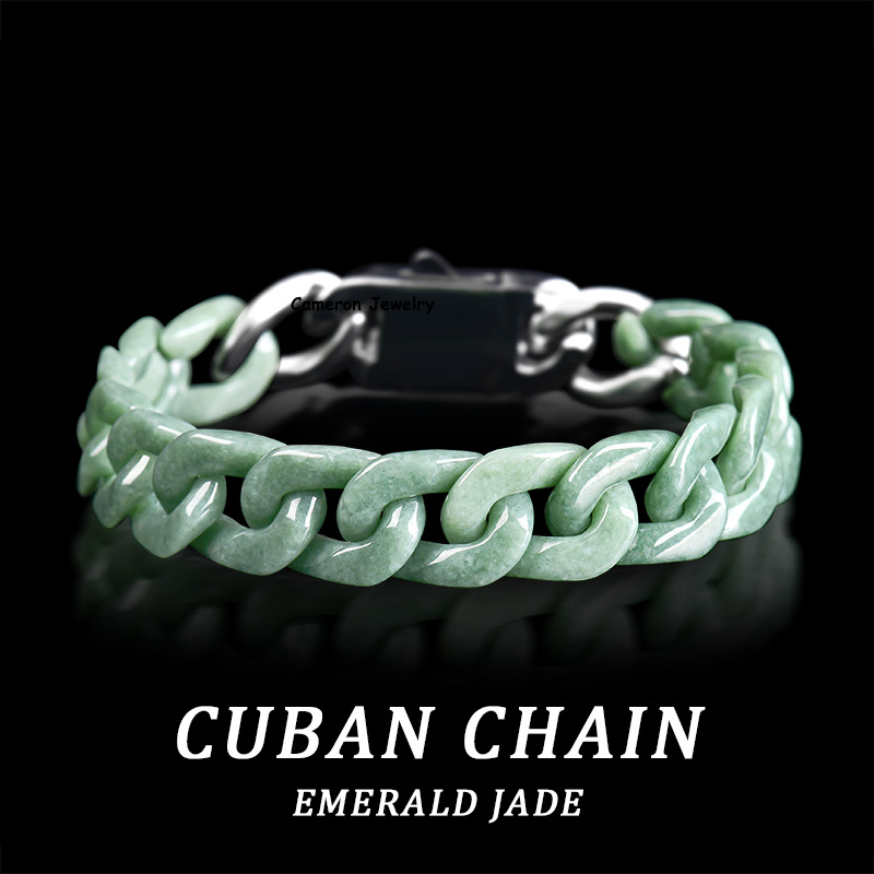 Real Grade A Natural Green Jade Jadeite Cuban Curb Link Bracelet