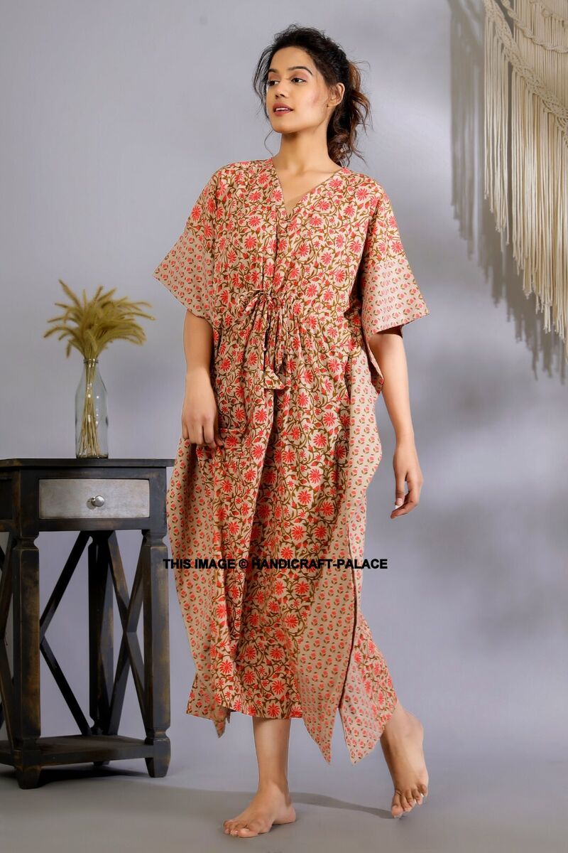 Anokhi Vintage Indian Hand Block Print Cotton Kaftan Short Dress Caftan  Grey | eBay