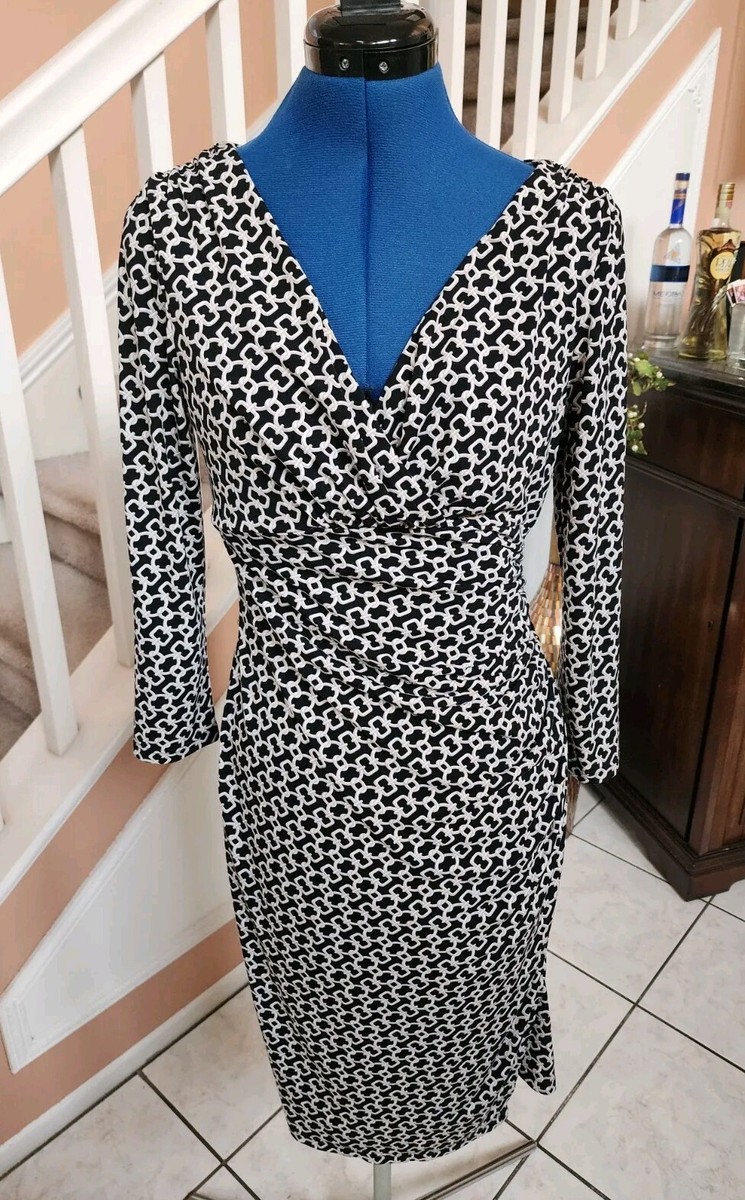 chain print bodycon dress RALPH LAUREN Black Ruched Empire Waist 3/4 Sleeve Sz 6 Midi dress