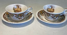 Vintage Copeland Spode England Castle Acorns Scalloped Tea Cup & Saucer Pair