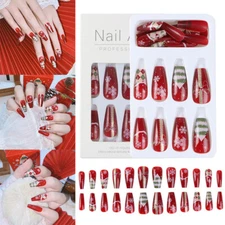 24PCS Christmas Ballet Long Nails False Nails Snowflake Full Cover Manicure Ti '