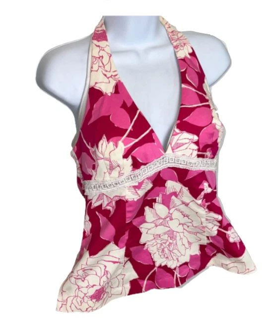 Top halter Trina Turk para mujer M rosa blanco años 60 estampado floral retro algodón elástico Foto 3 de 4