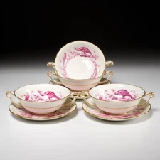 Royal Crown Derby Chelsea Bird Red Pink Porcelain Cream Soup Bowls A524 4pc Set