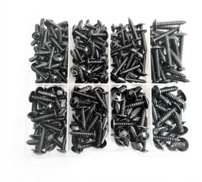 NUTS N BOLTS UK Set of 215 Assorted No.4 6 8 & 10 Black Flange Pozi Pan Self Tapping Screws