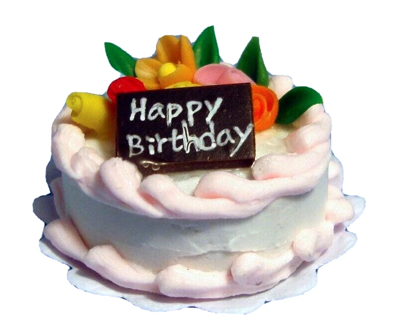 DOLLS HOUSE 1 12 BIRTHDAY CAKE PINK ICING AND FLORAL DECORATION