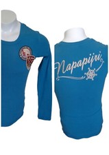 Napapijri Long Sleeve T-shirt Blue Embroidery 100 Cotton Spell Out Sz S Patches