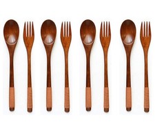 6 PCS 9 inch Wooden Japanese Spoon Fork Set Natural Wood Dinner Utensil
