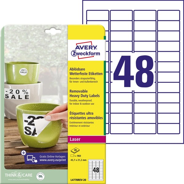 1 Bis 20X Avery Zweckform Wetterfeste Etiketten, 45,7 X 21,2 Mm Spare Bis Zu 21%-image