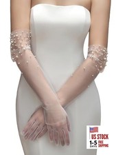 Long Pearl Wedding Gloves Tulle Bridal Gloves Sheer Long Bridal Off-white