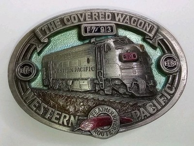 C+J Inc 1986 Pewter Belt Buckle ''The Covered Wagon'' Western Pacific Train