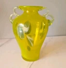 Murano Art Glass Vase Hand Blown Yellow Cadmium Glow UV Handles 6.5 Inch