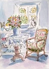 ACEO Original  Room cozy  Interior scene  with a cat  Watercolor  ink Painting