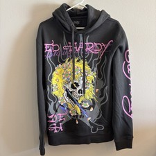 Ed Hardy Hoodie Retro Yellow Hair Skull Fleece Pullover Charcoal Sz Medium Nwt Ed Hardy Hoodie Retro Yellow Hair Skull Fleece Pullover Charcoal Sz Medium Nwt