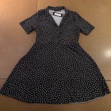 Boohoo Womens US 10 Black White Polka Dots Shirt Skater Fit & Flare Dress NWT