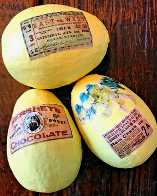 Easter Eggs Yellow Papier Mache Decorated W/Vintage Images Spring Set Of 3