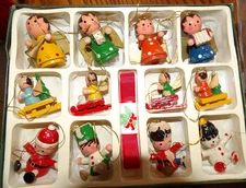 12 MINIATURE WOOD ORNAMENTS GERMANY ORIGINAL BOX ANGELS SANTA SLEDS SOLDIERS