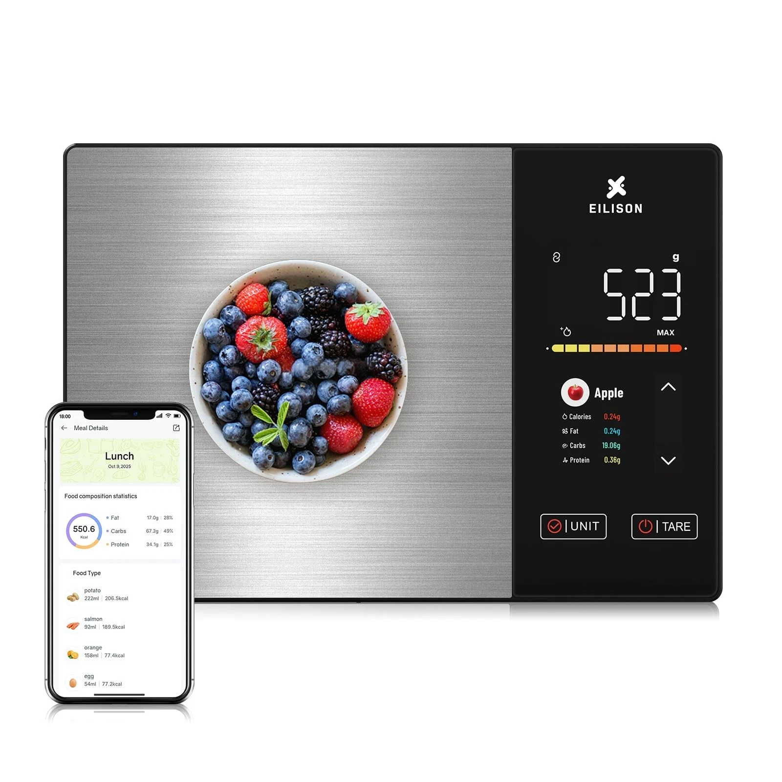 Digital Kitchen Scale with Nutrition Calculator, Bluetooth App, 5000g Capacity,